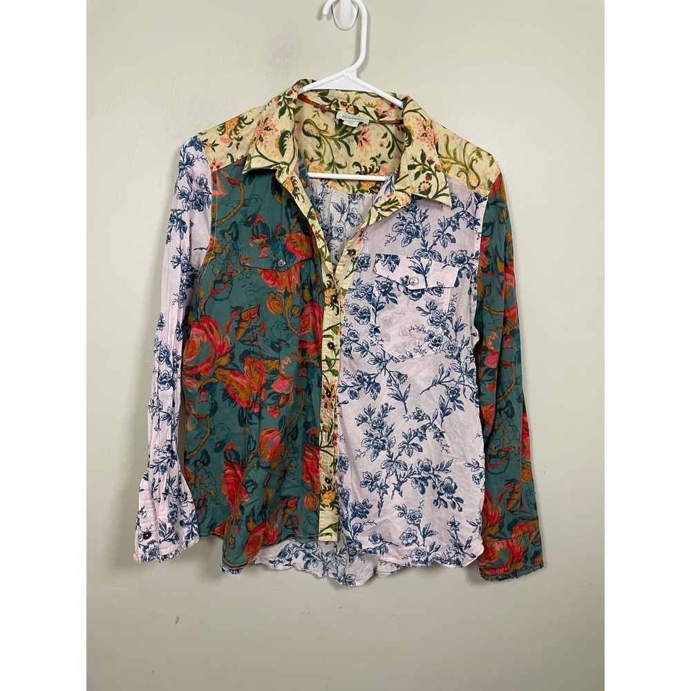 Sundance Patchwork Floral Long Sleeve Button Down Petite Medium Boho Casual